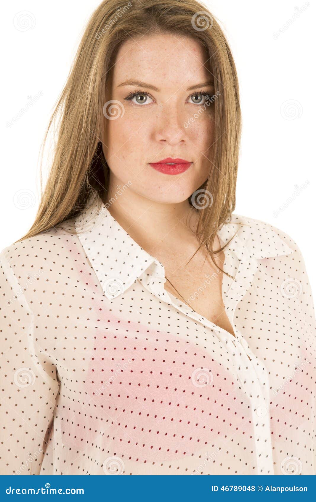 Woman See through Shirt Red Bra Serious Stock Photo - Image of