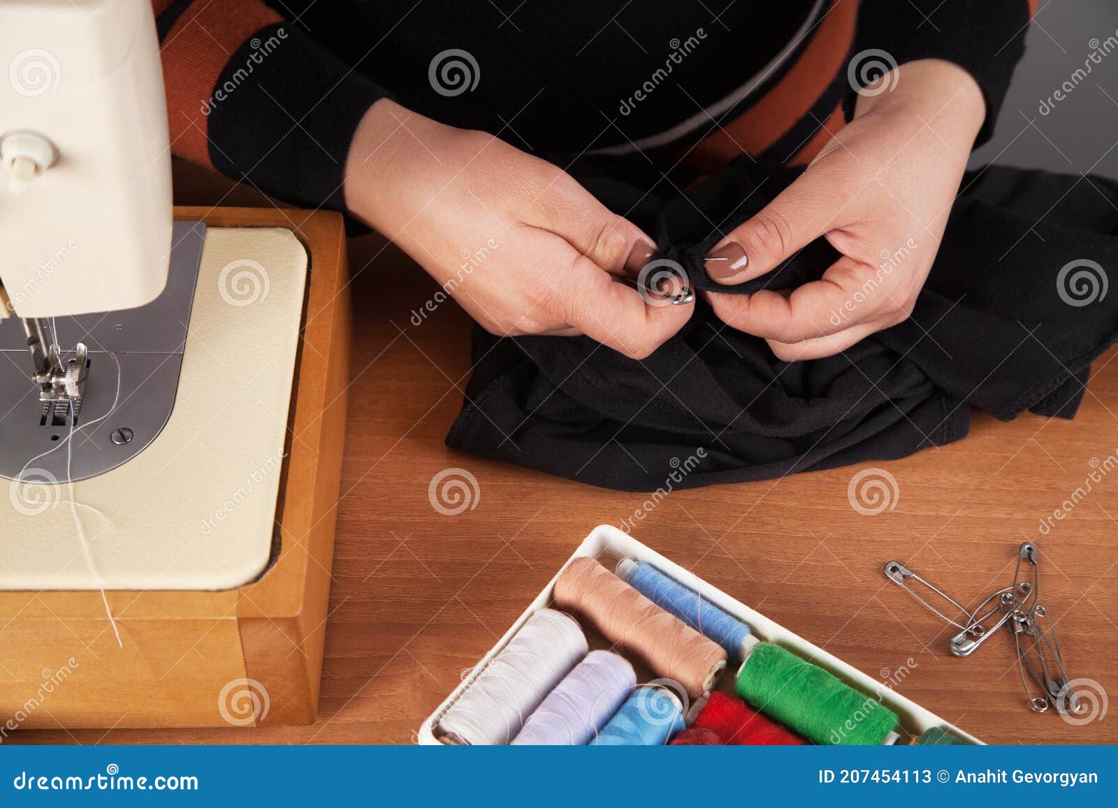 Woman Sews Dress with a Sewing Machine Stock Image Image of fabric