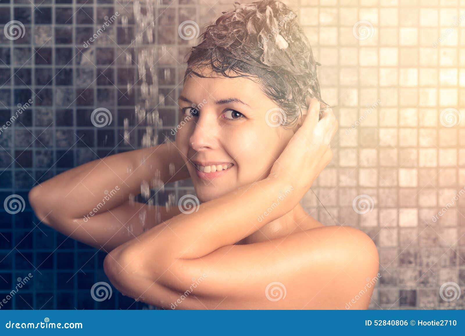 Woman Shampooing Her Long Brown Hair Stock Photo Image 52840806