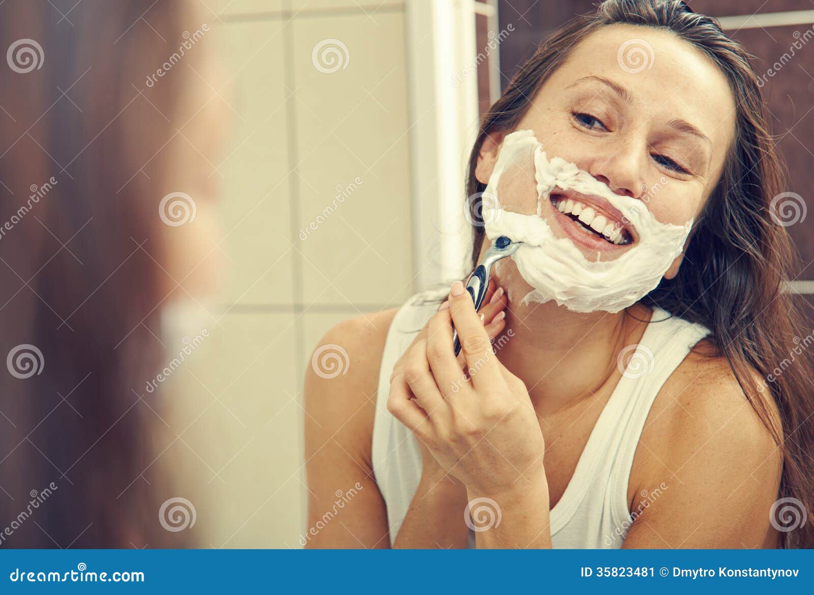 Woman shaving her face stock image. Image of shave, care 35823481