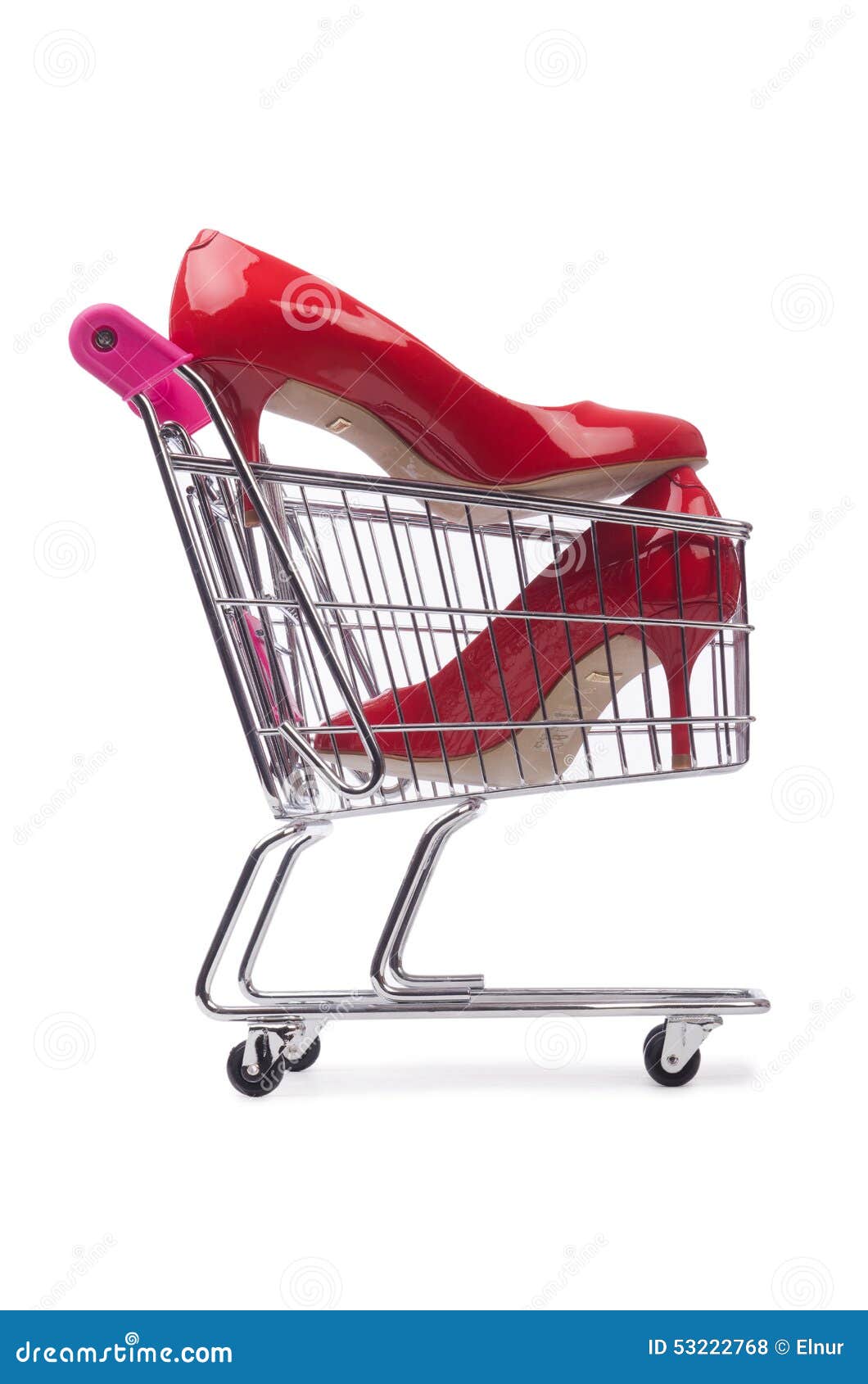 Woman shoes in shopping cart on white. Female shoes in shopping cart on white