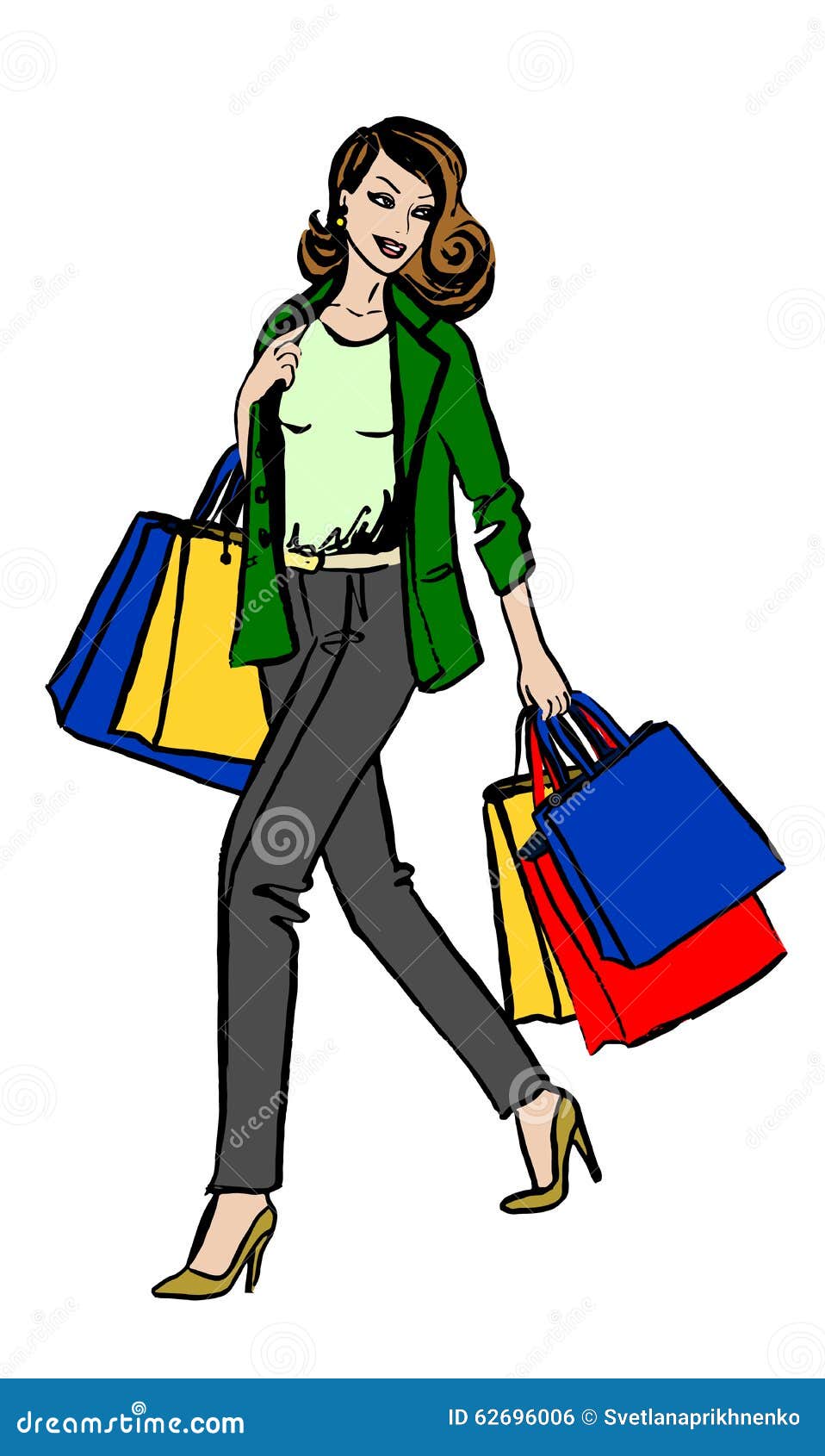 Woman with shopping bag stock vector. Illustration of gifts - 62696006