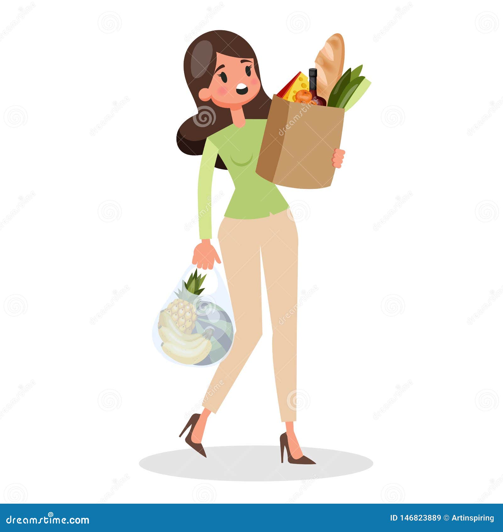 Woman Shopping. Grocery Store. Customer with Shopping Bag Stock Vector