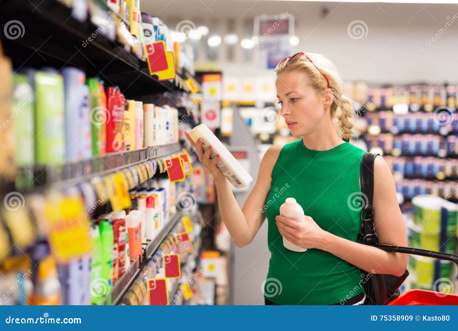 woman shopping personal hygiene products at supermarket.