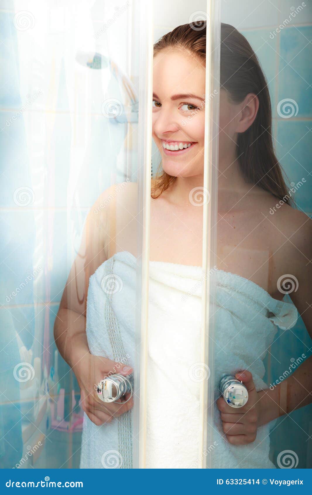 Woman Showering In Shower Cabin Cubicle. Stock Photo - Image of hygiene