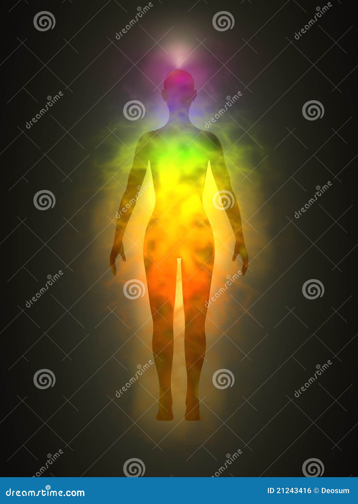 woman silhouette with aura, chakras, energy
