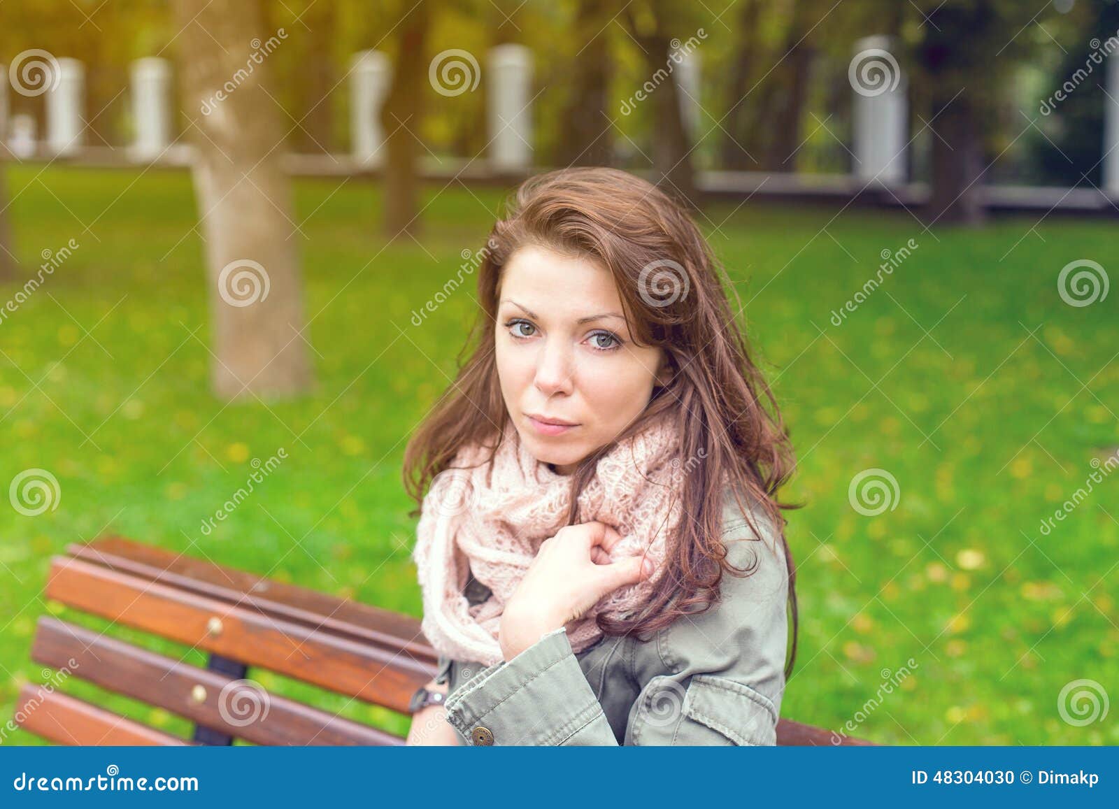 Woman Sitting Bench Outside Stock Photo - Image of happy, girl: 48304030