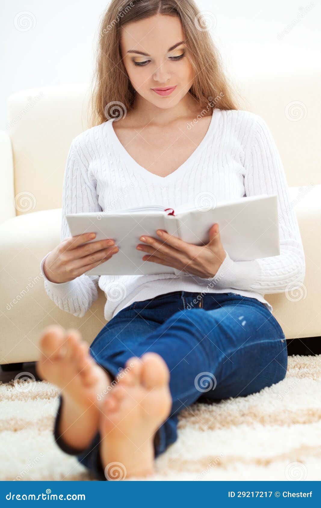 Woman Sitting on Carpet with Book Stock Image Image of reading, house