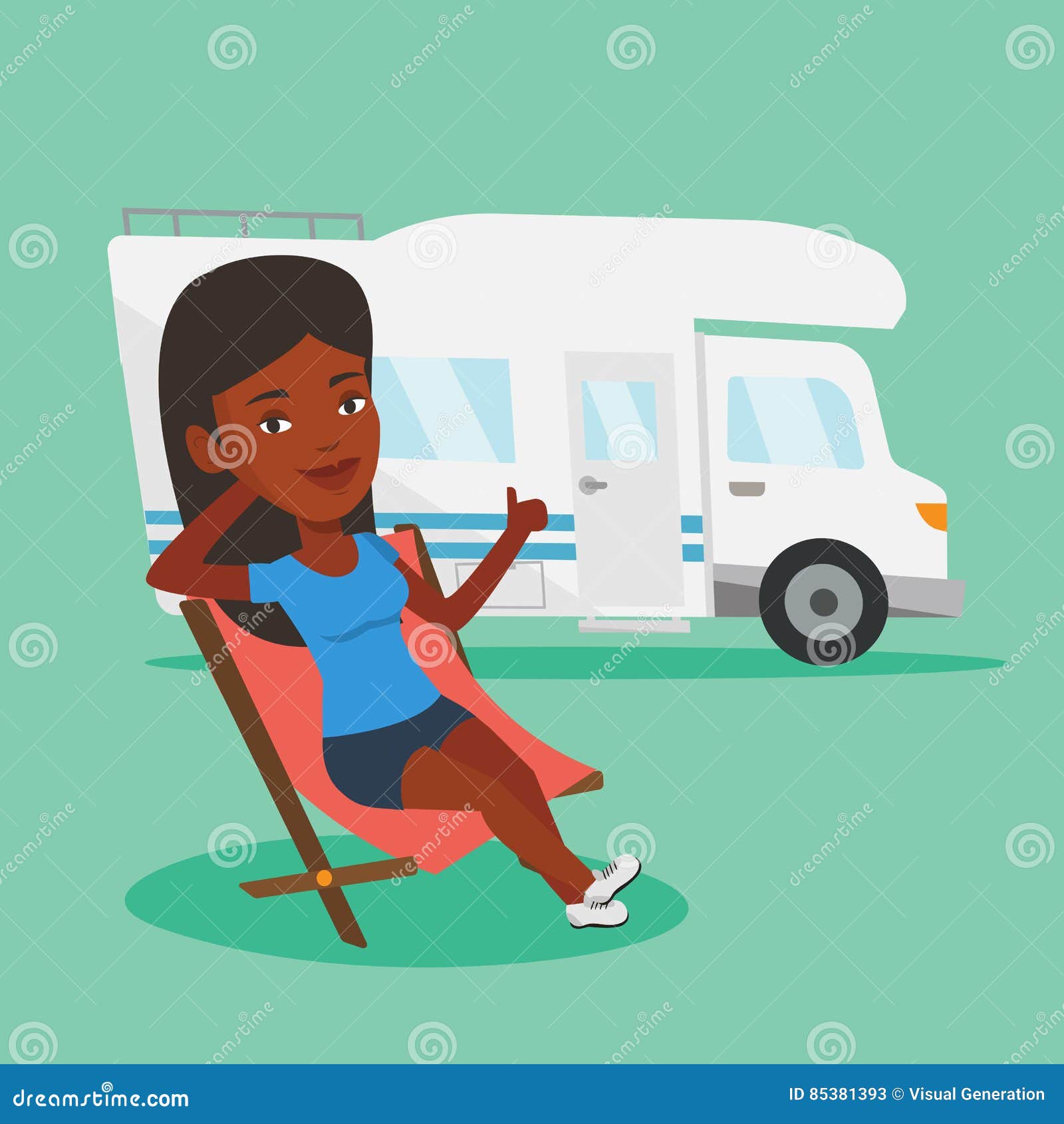 Woman Sitting in Chair in Front of Camper Van. Stock Vector ...