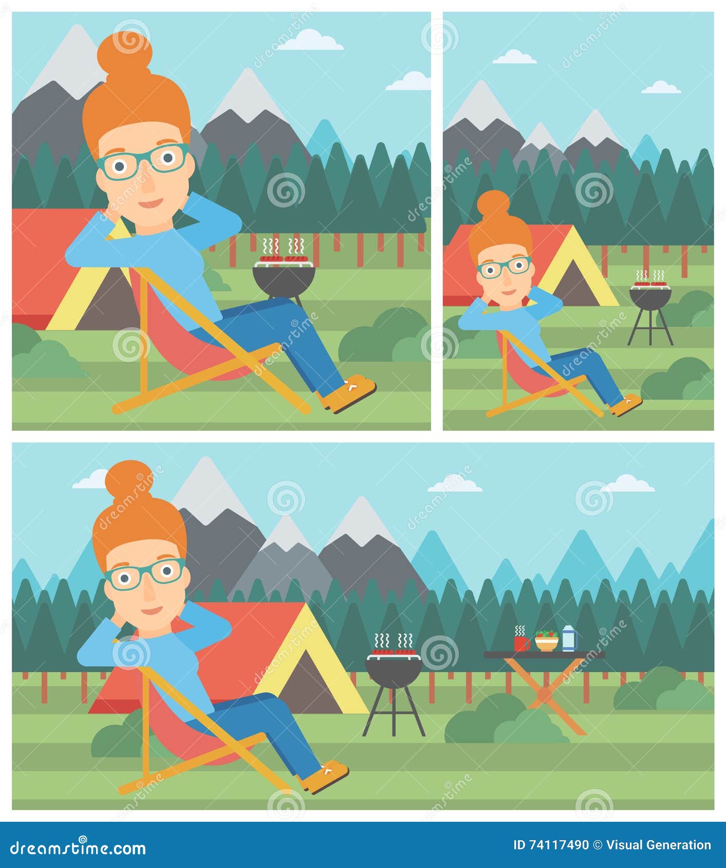 Woman Sitting In Folding Chair In The Camp. Stock Vector - Illustration ...