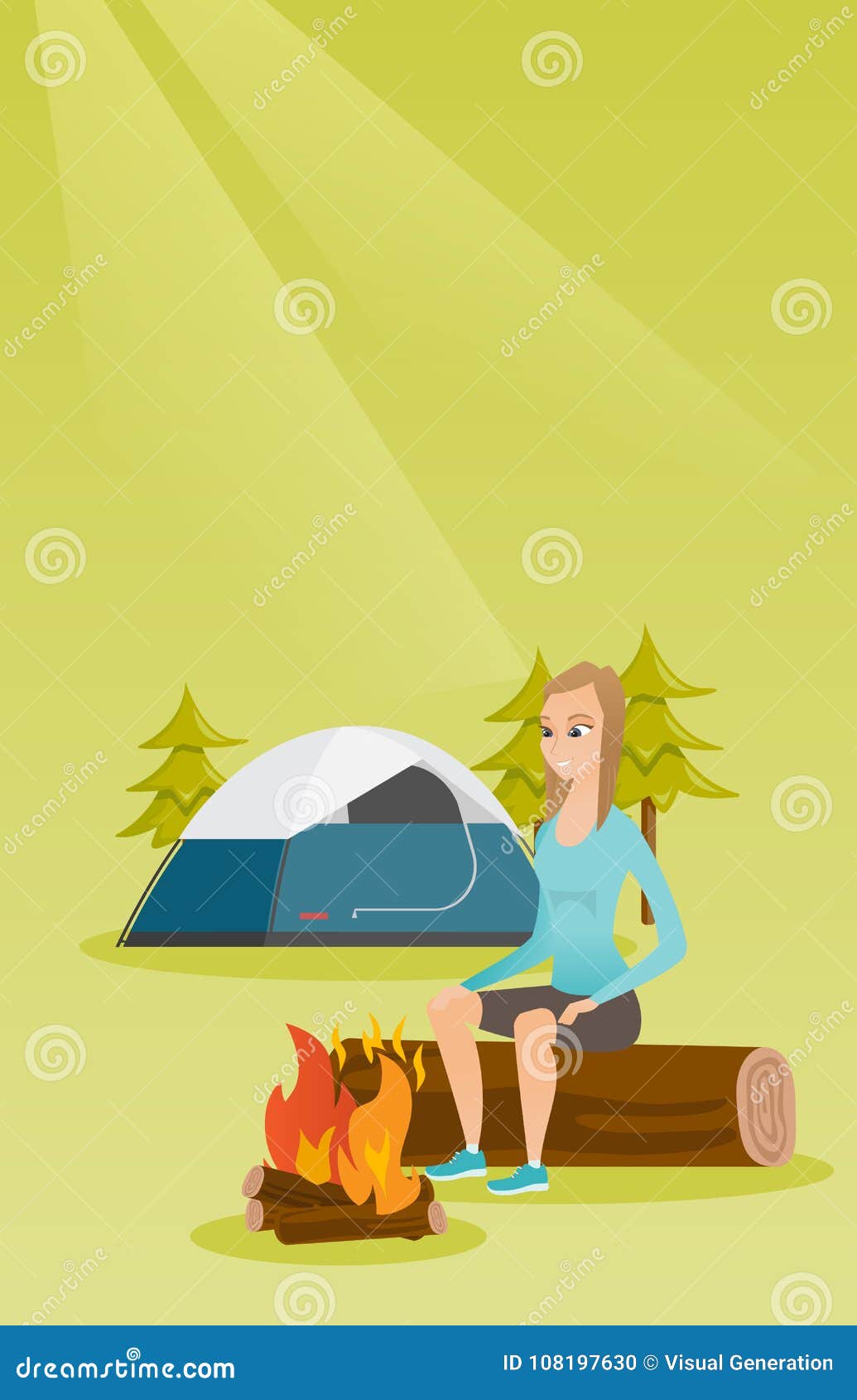 Download Woman Sitting On Log Near Campfire In The Camping. Stock ...