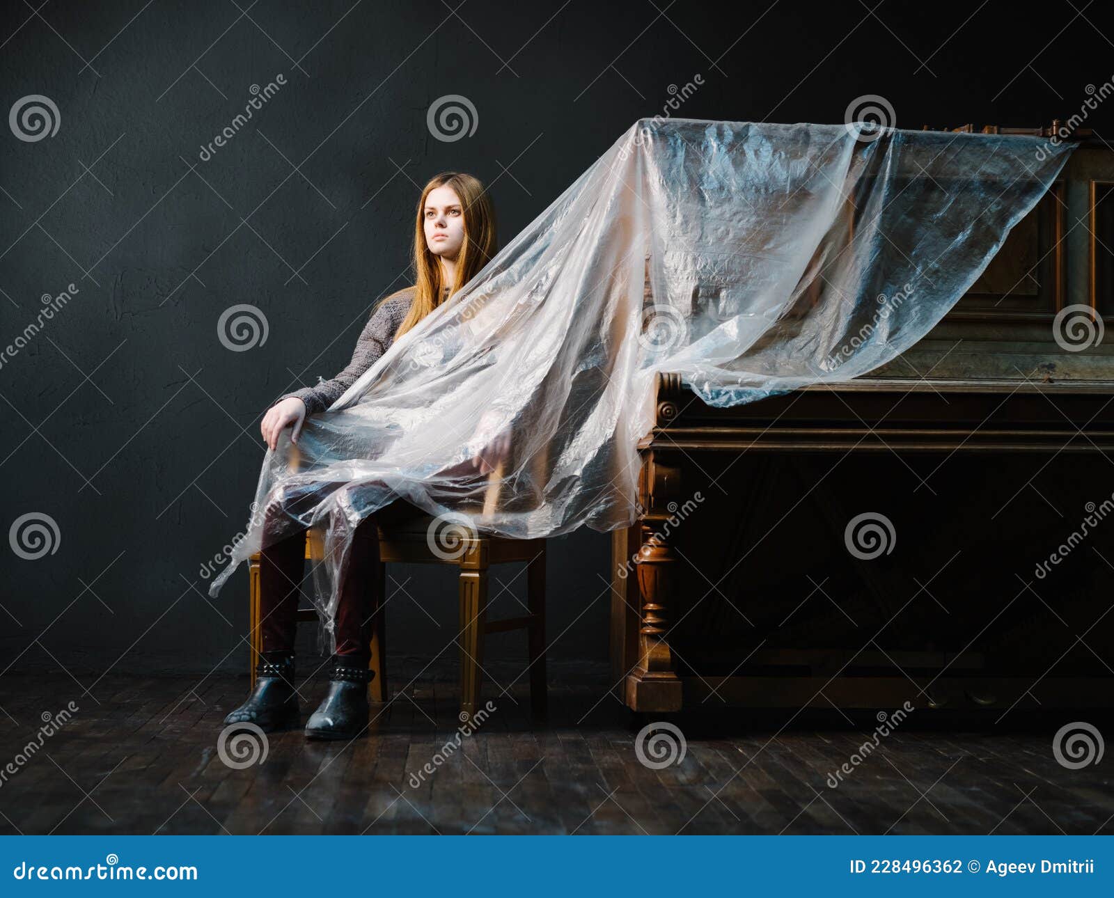 Woman Sitting Near Piano and Musical Instrument Interior Luxury Studio