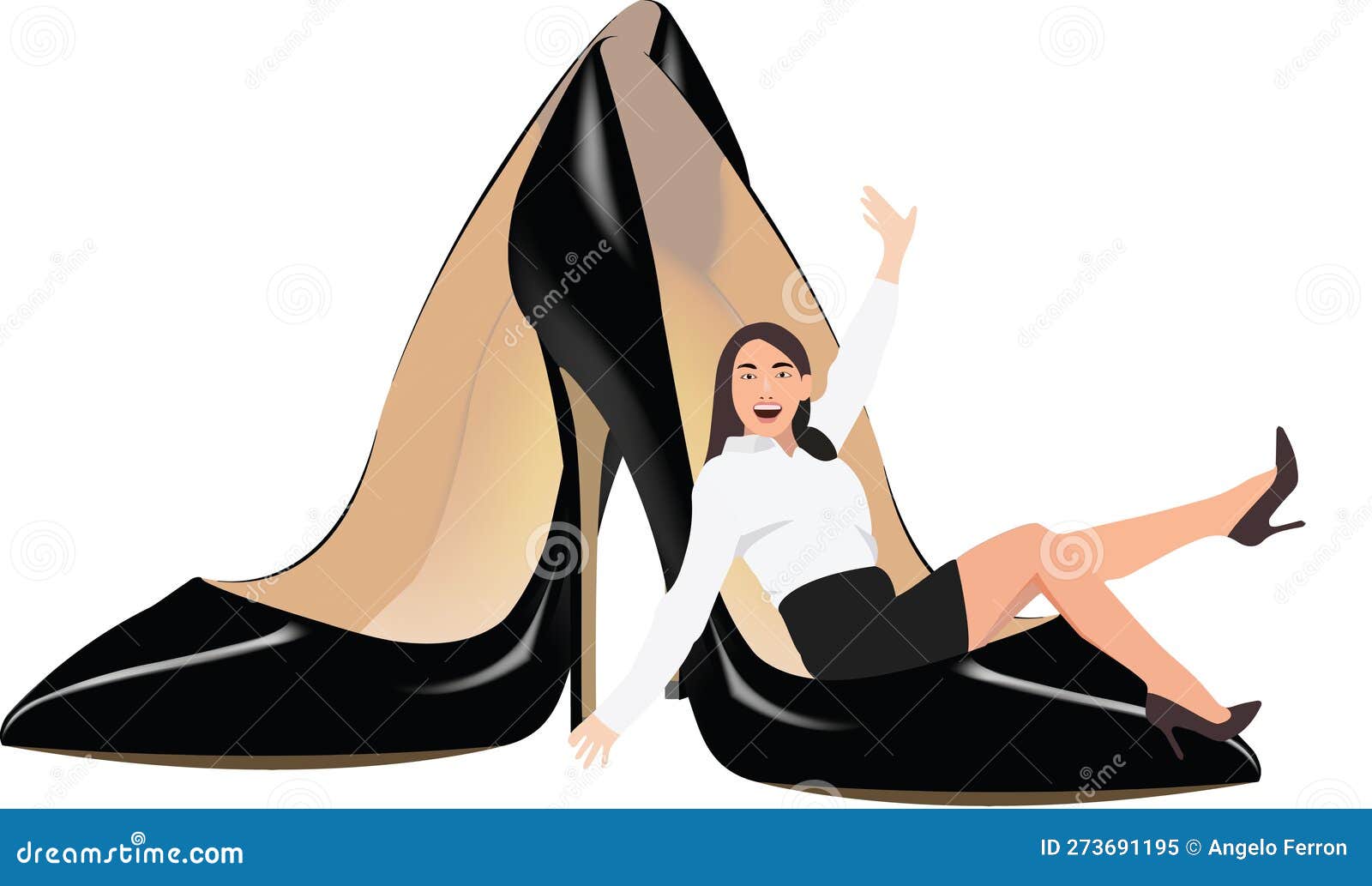 Woman Sitting Over Shoes Cheers Raising Her Arms- Stock Vector ...