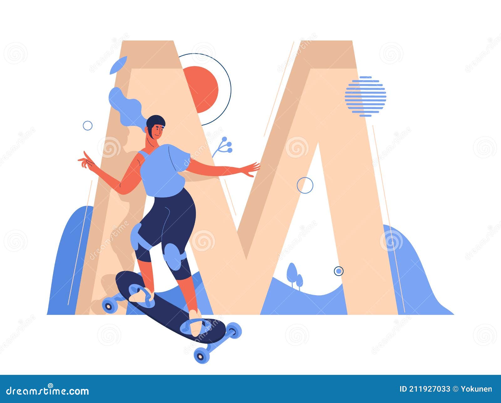 woman on skateboard while mountainboarding ride. large letter m on background. extreme sport and healthy lifestyle 