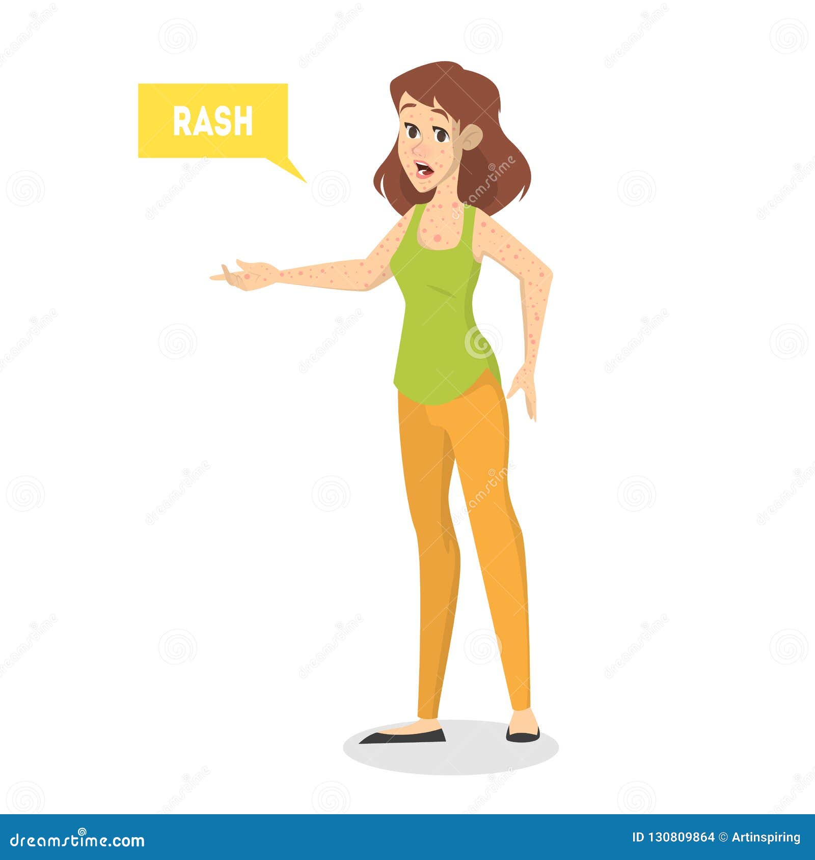 Woman with skin full of rash. Dermatology disease and inflammation. Young person with problems. Idea of skincare. Isolated vector illustration in cartoon style