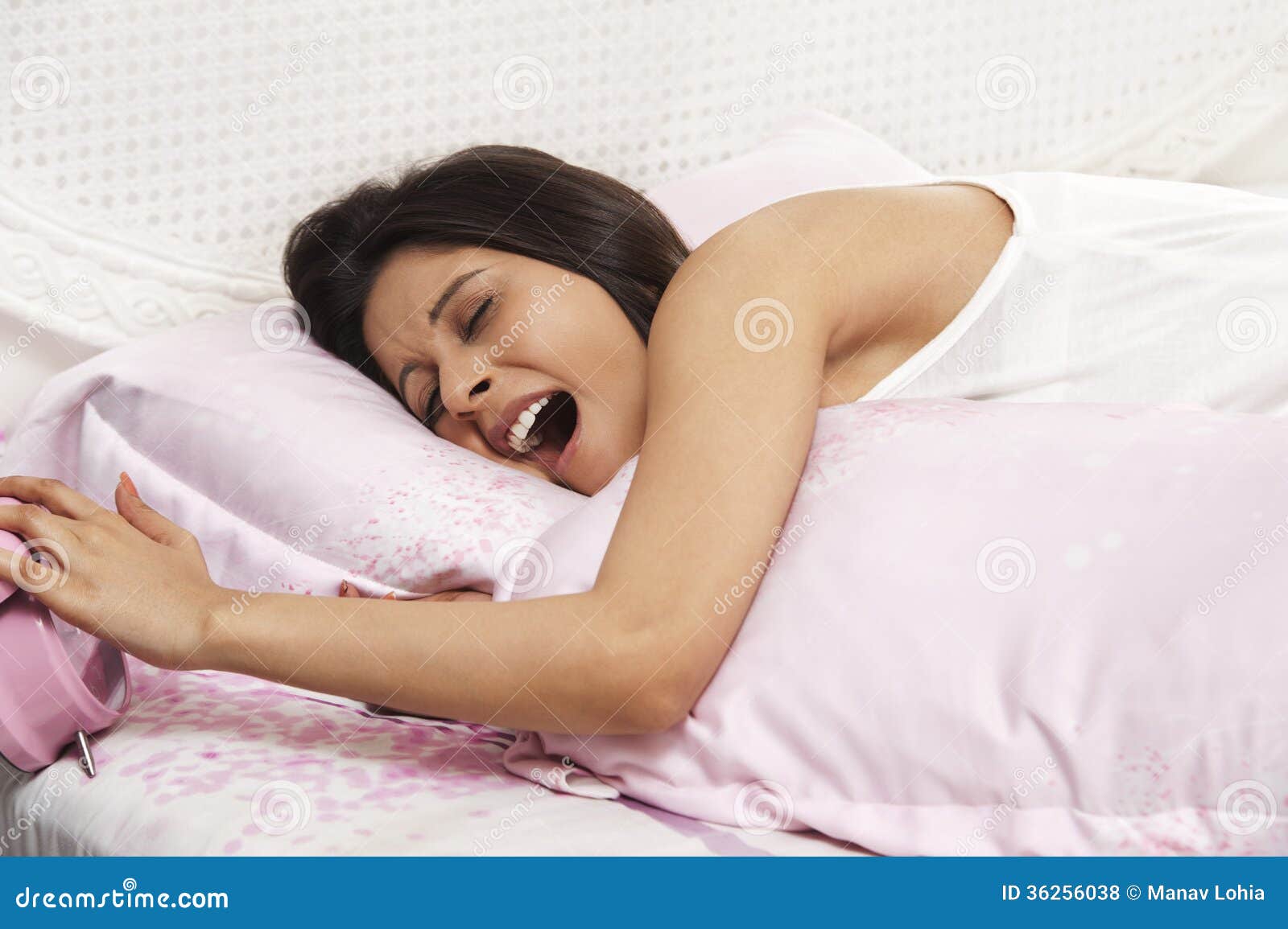 Woman Sleeping on the Bed and Yawning Stock Photo Image of holding