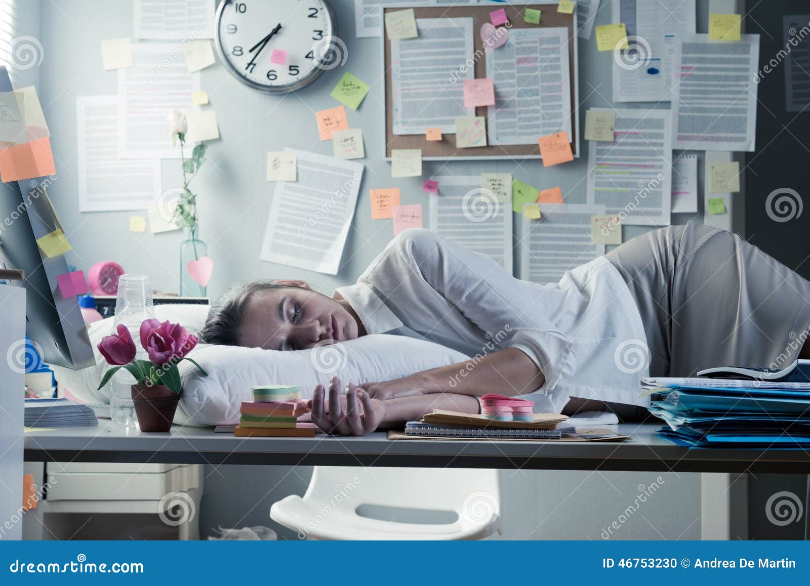 woman sleeping in office overnight