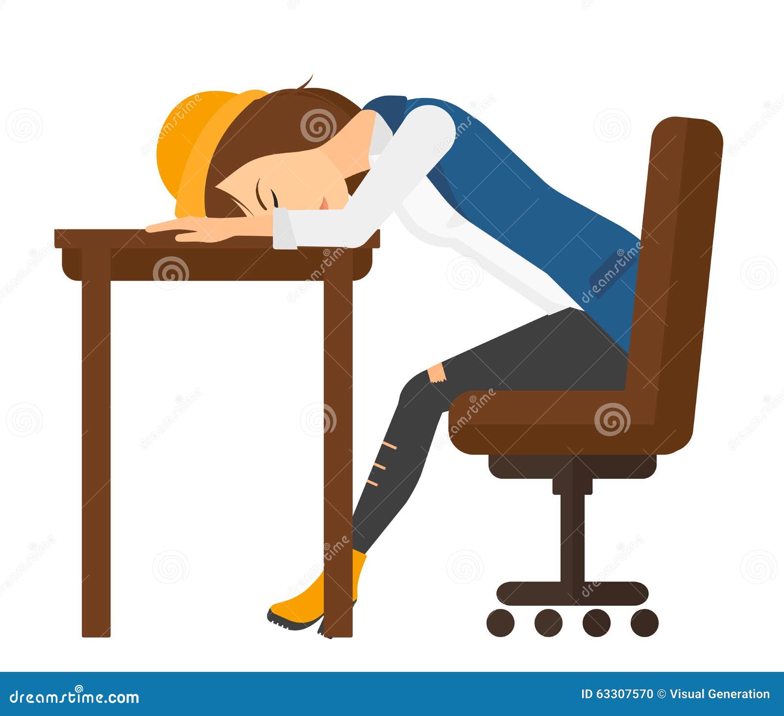 Tired anime girl sleeping on chair with head on desk