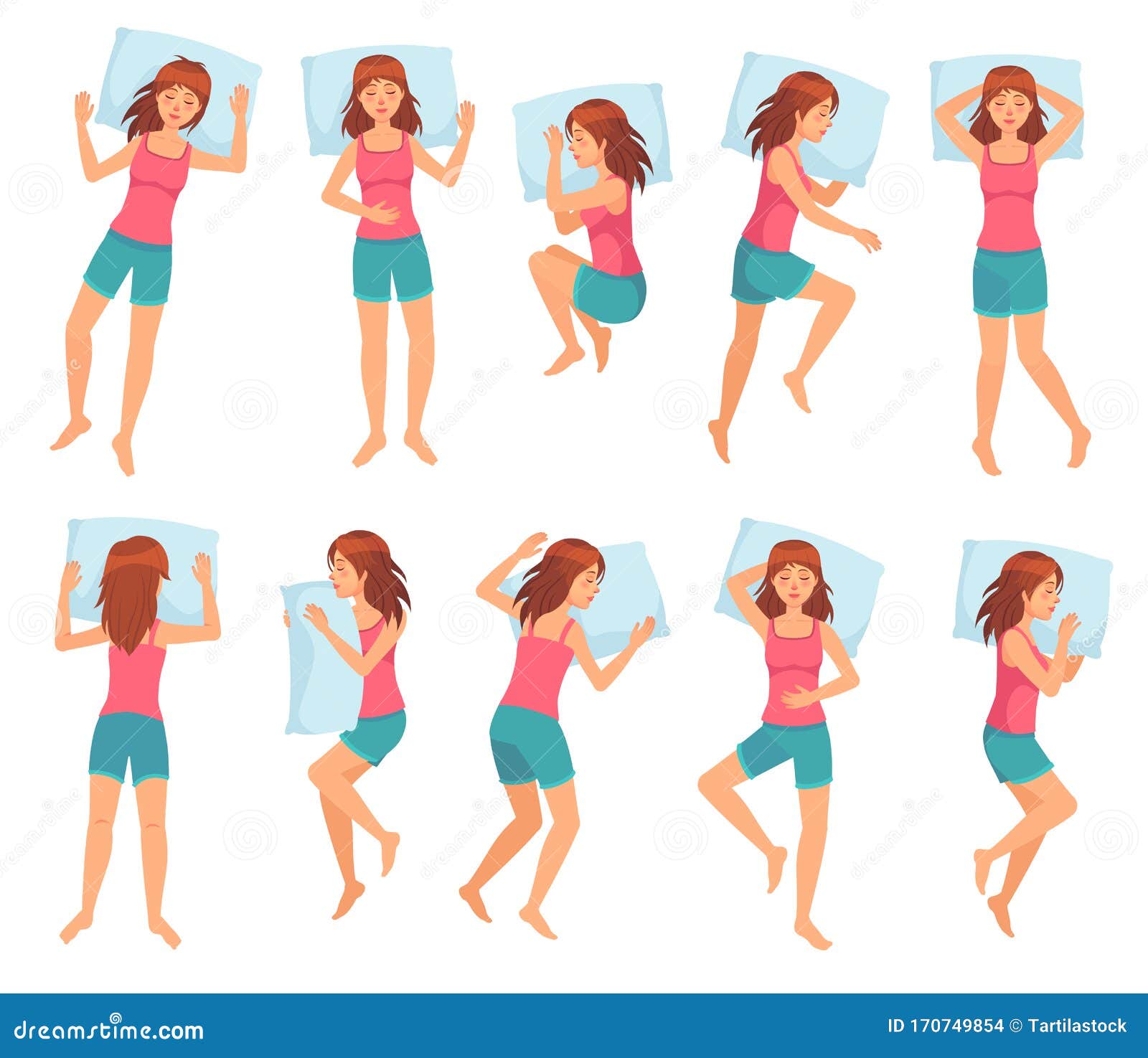不同的睡觉姿势女人设置。向量插画图片素材_ID:161109212-Veer图库