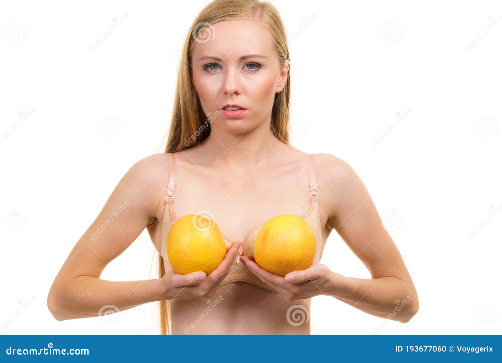 Woman Small Boobs Holds Big Orange Fruits Stock Photo - Image of small,  bigger: 193677060