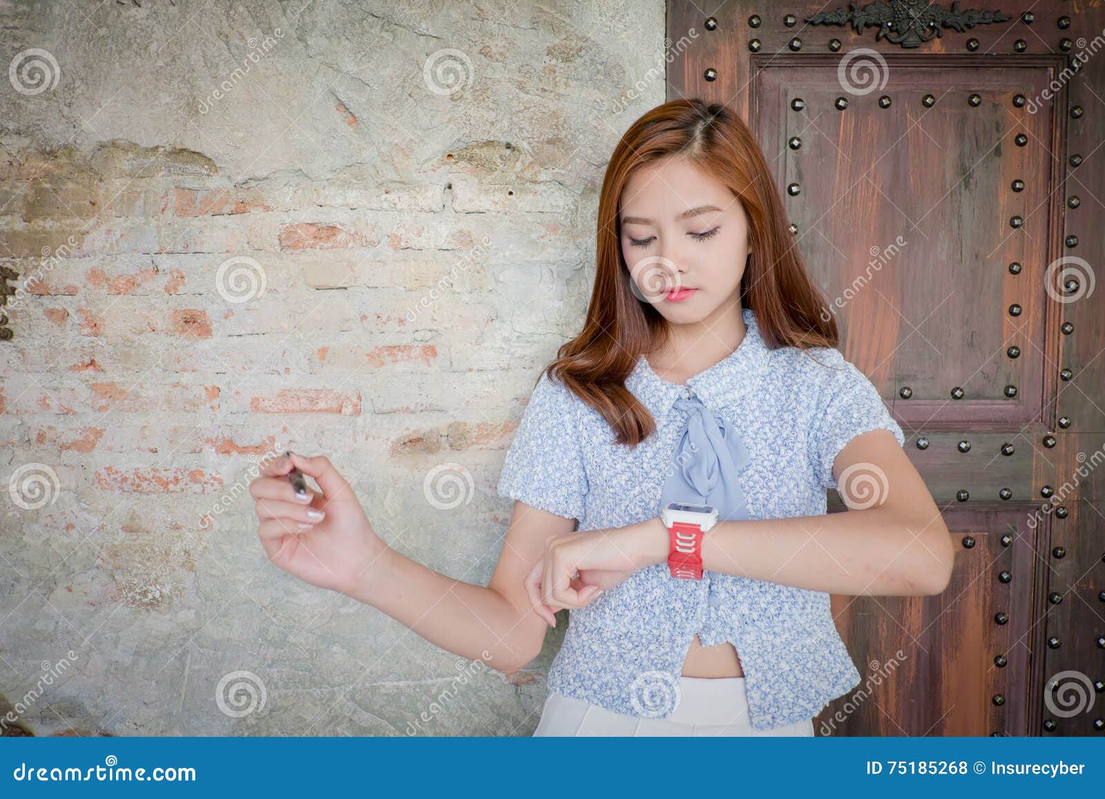 The Woman with Smart Watch.with Space for Text Ads. on the Tip O Stock Photo Image of