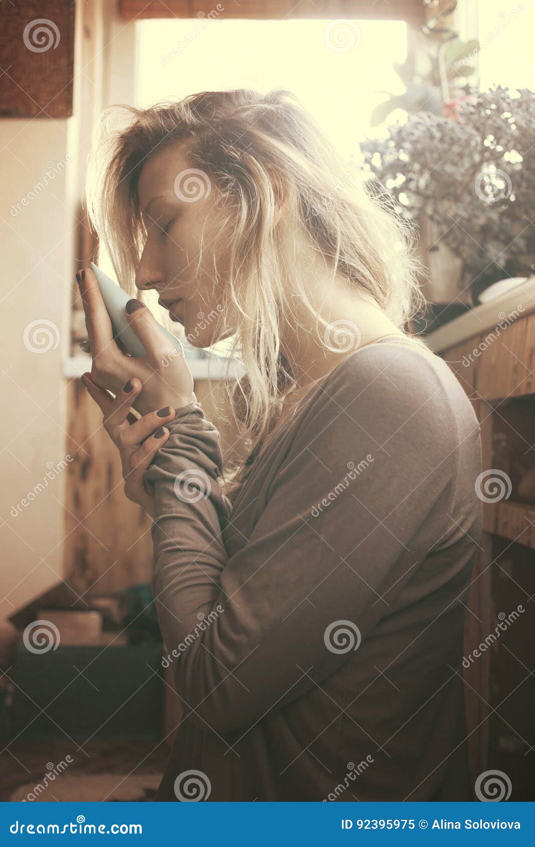 Woman smelling tea stock image. Image of objects, decoration 92395975