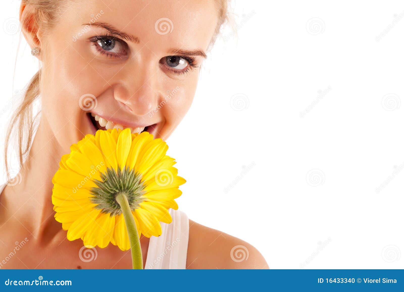 Woman Smelling a Yellow Flower Stock Photo Image of health, happy