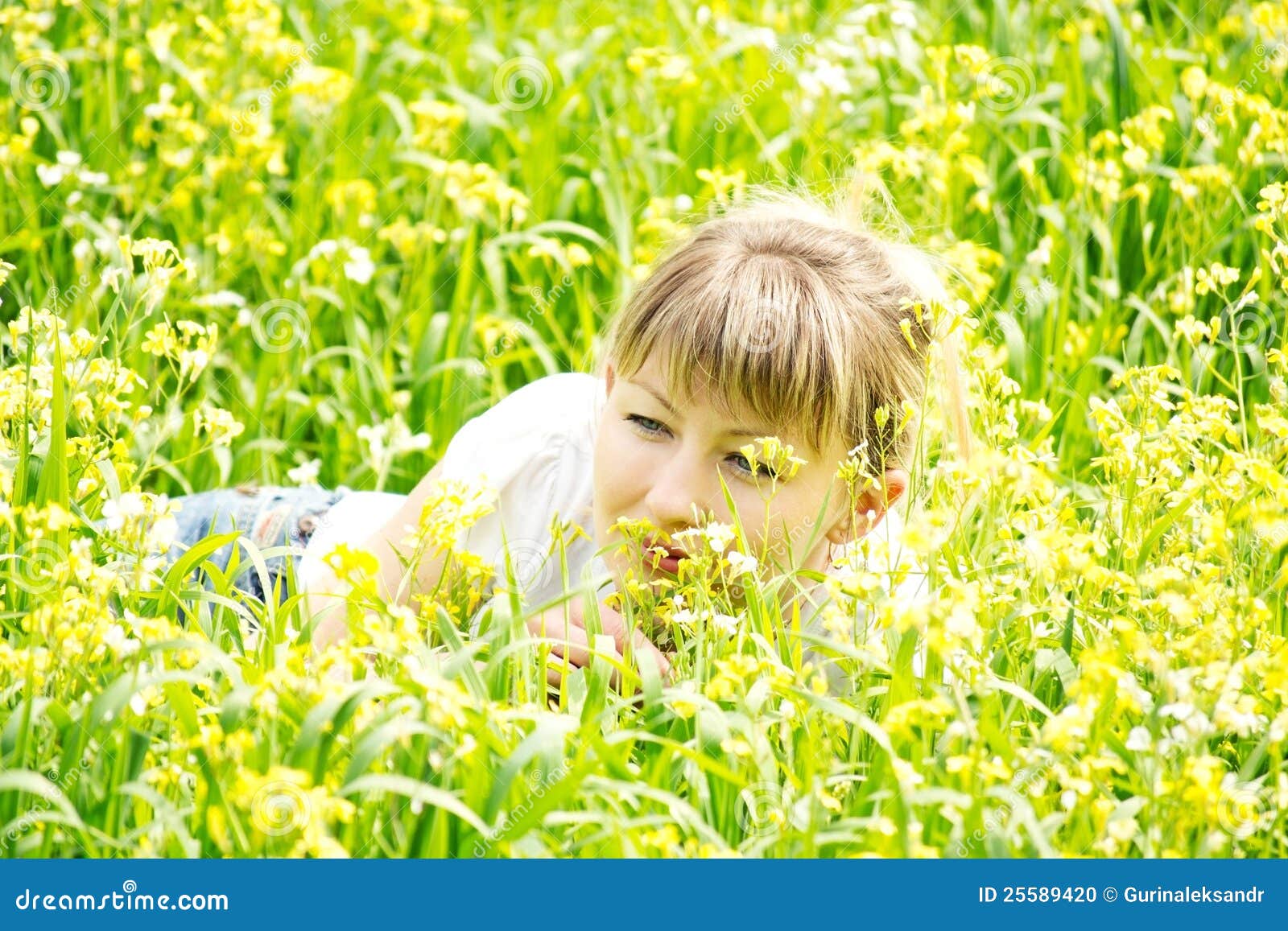 Woman Smelling Yellow Flowers Stock Photo Image of vitality, harmony