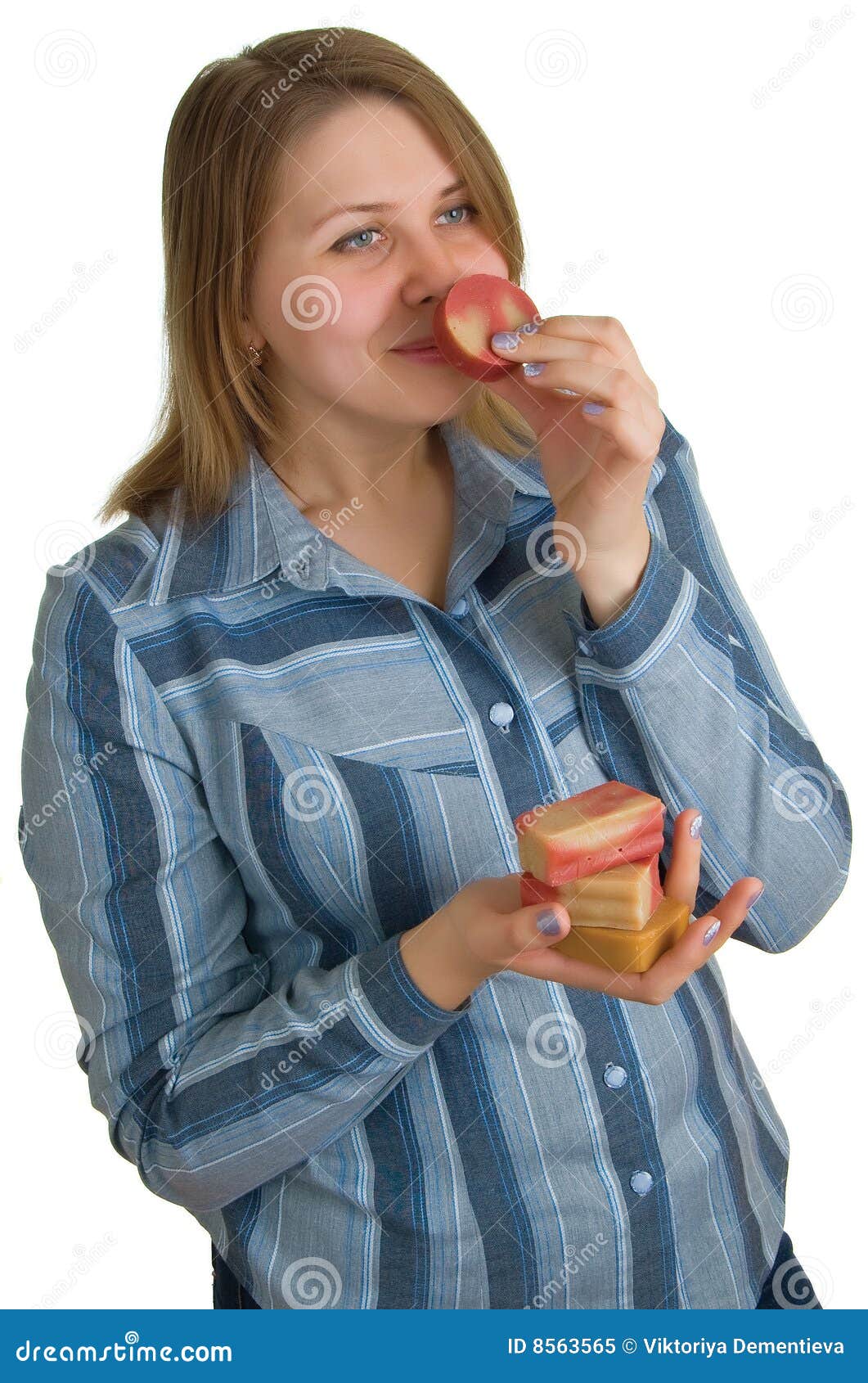 Woman Smells A Soap Slice In Hand Stock Image Image of piece, girl 8563565
