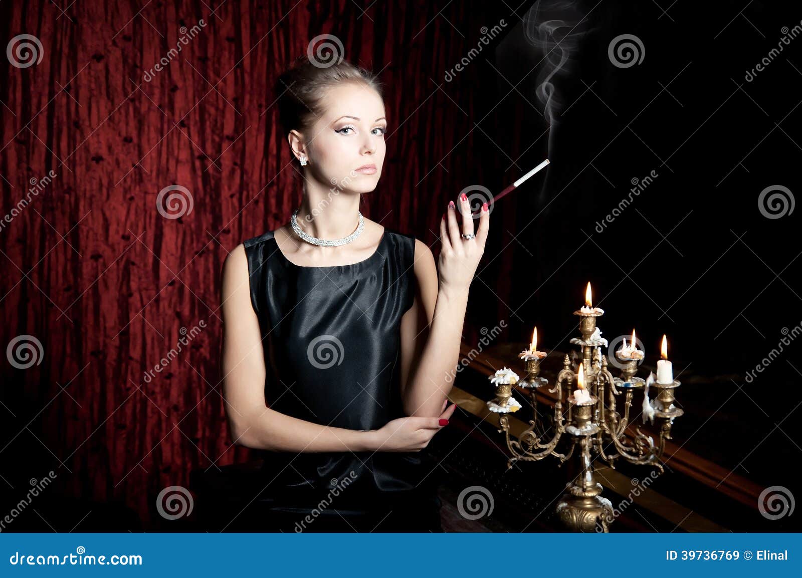 Woman, Smoke with Cigarette Holder, Retro Style Stock Image Image of