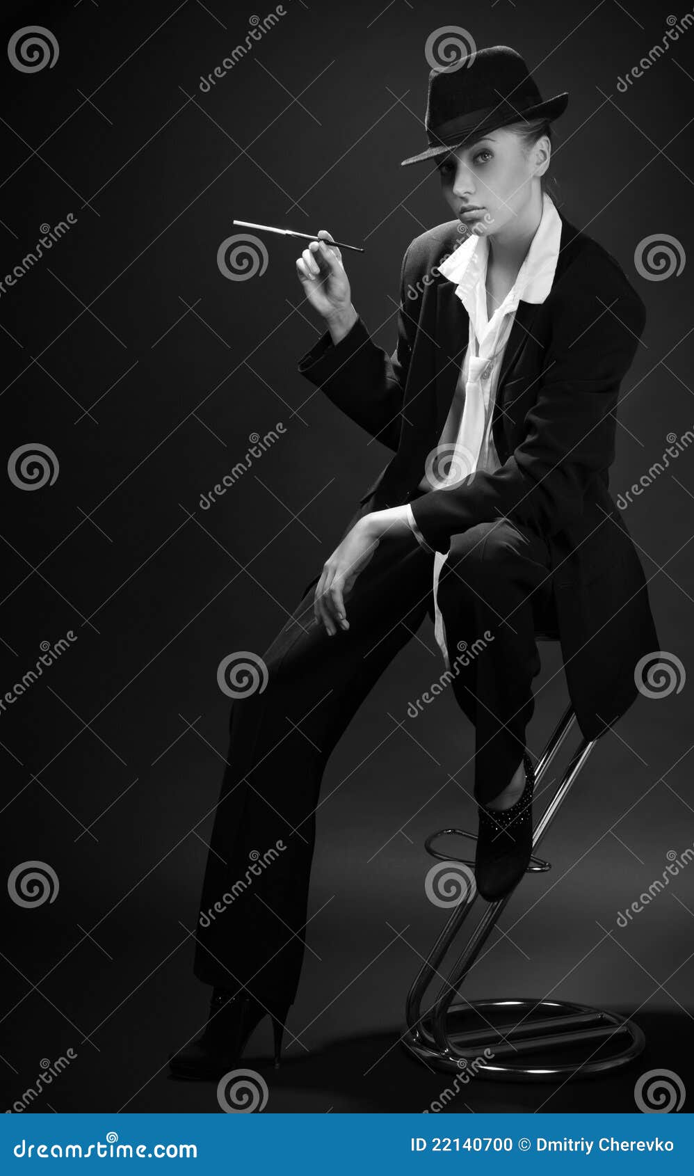 Woman Smoking Cigarette in Mouthpiece in Bar Stock Photo Image of cute, feather 22140700