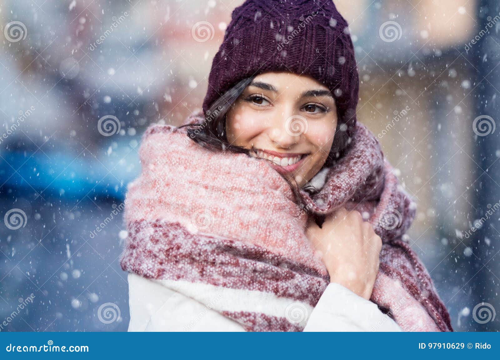 Woman in snowy winter stock image. Image of warm, clothing - 97910629