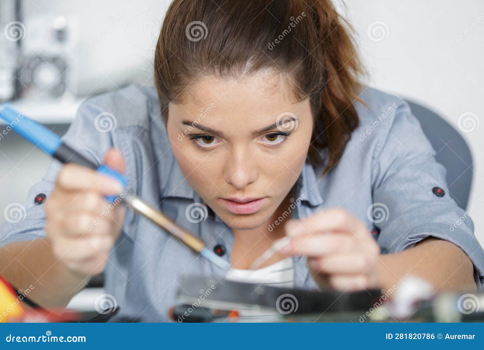 Woman soldering pc part stock photo. Image of test, making 281820786
