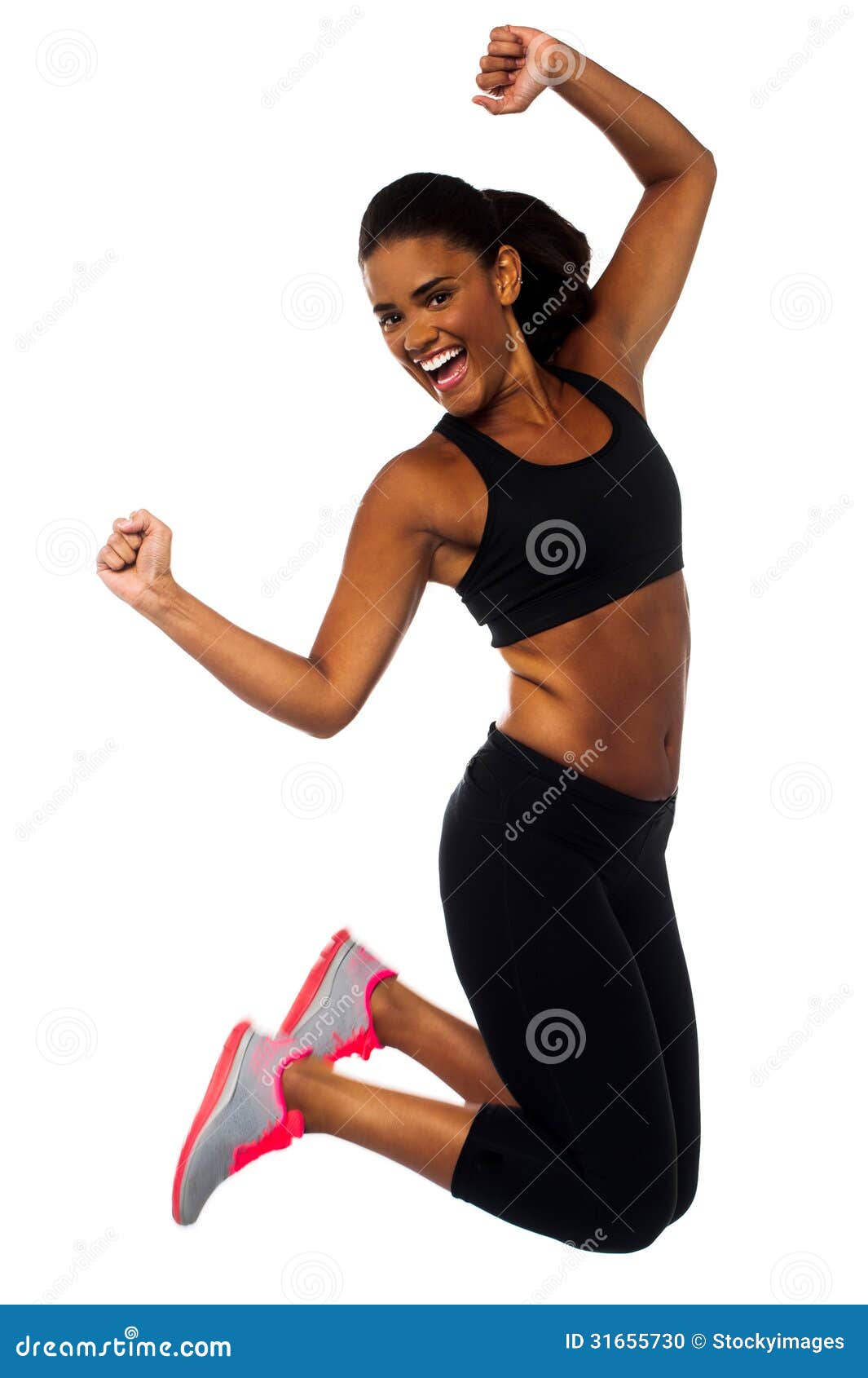 Woman in Sportswear Jumping with Joy Stock Photo - Image of background,  casual: 31655730