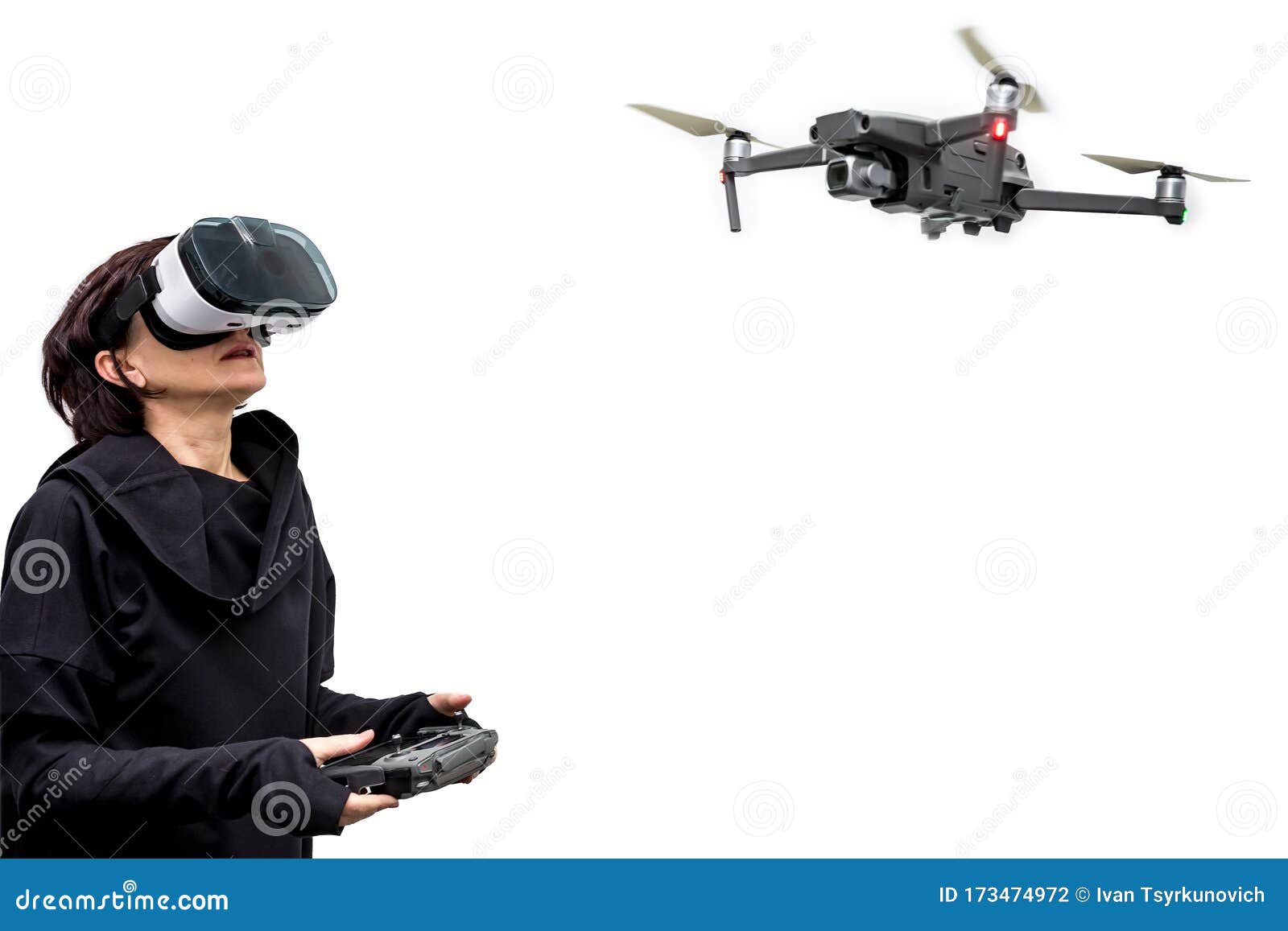 Woman Spy in 360 Virtual Reality Headset Playing Game with Drone