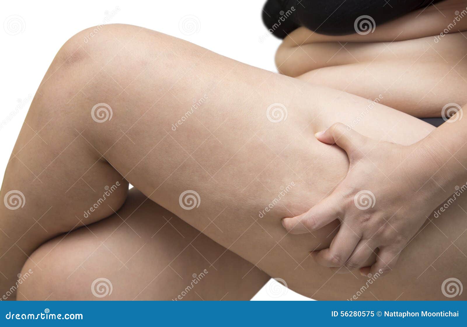 Woman Squeeze Leg Fat Wearing Black Underwear Bra on White