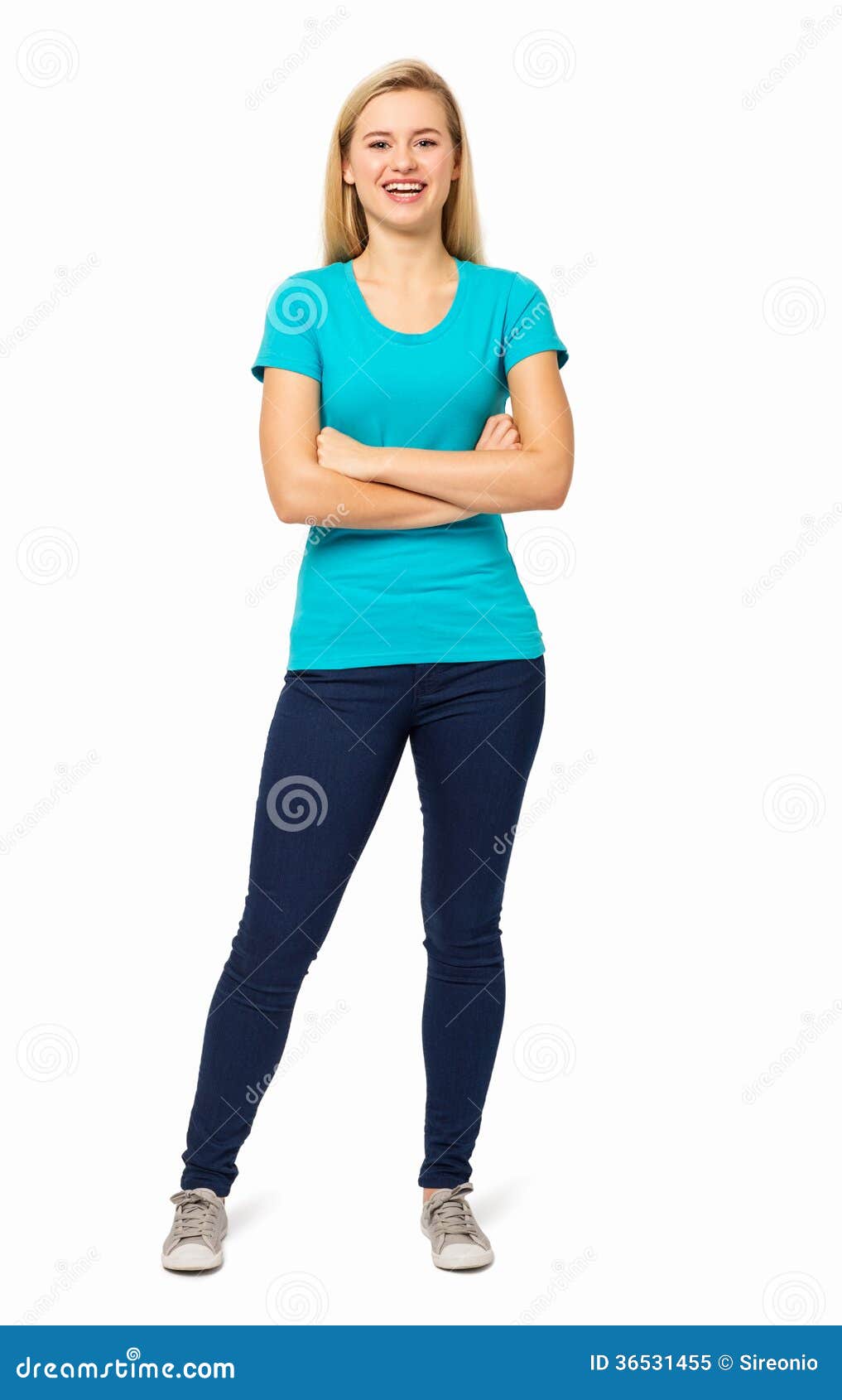 Woman Standing Arms Crossed Over White Background Stock