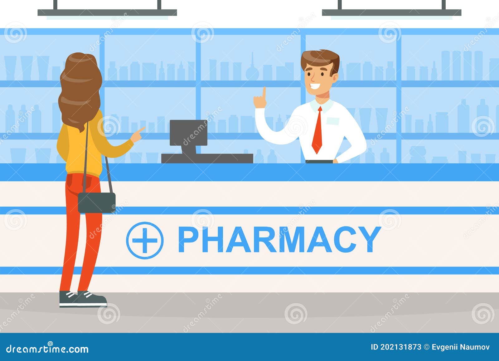 Woman Standing Behind Counter in Pharmacy, Man Pharmacist Selling ...