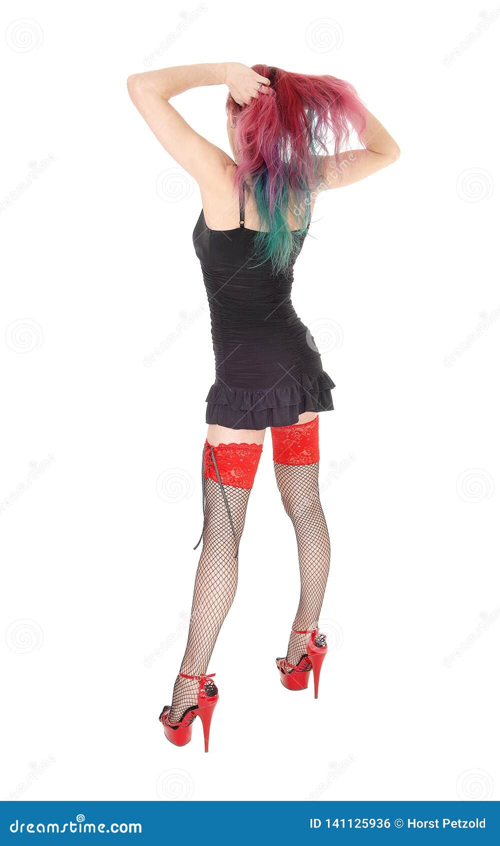 Woman Standing in Black Dress and Stockings from Back Stock Photo ...