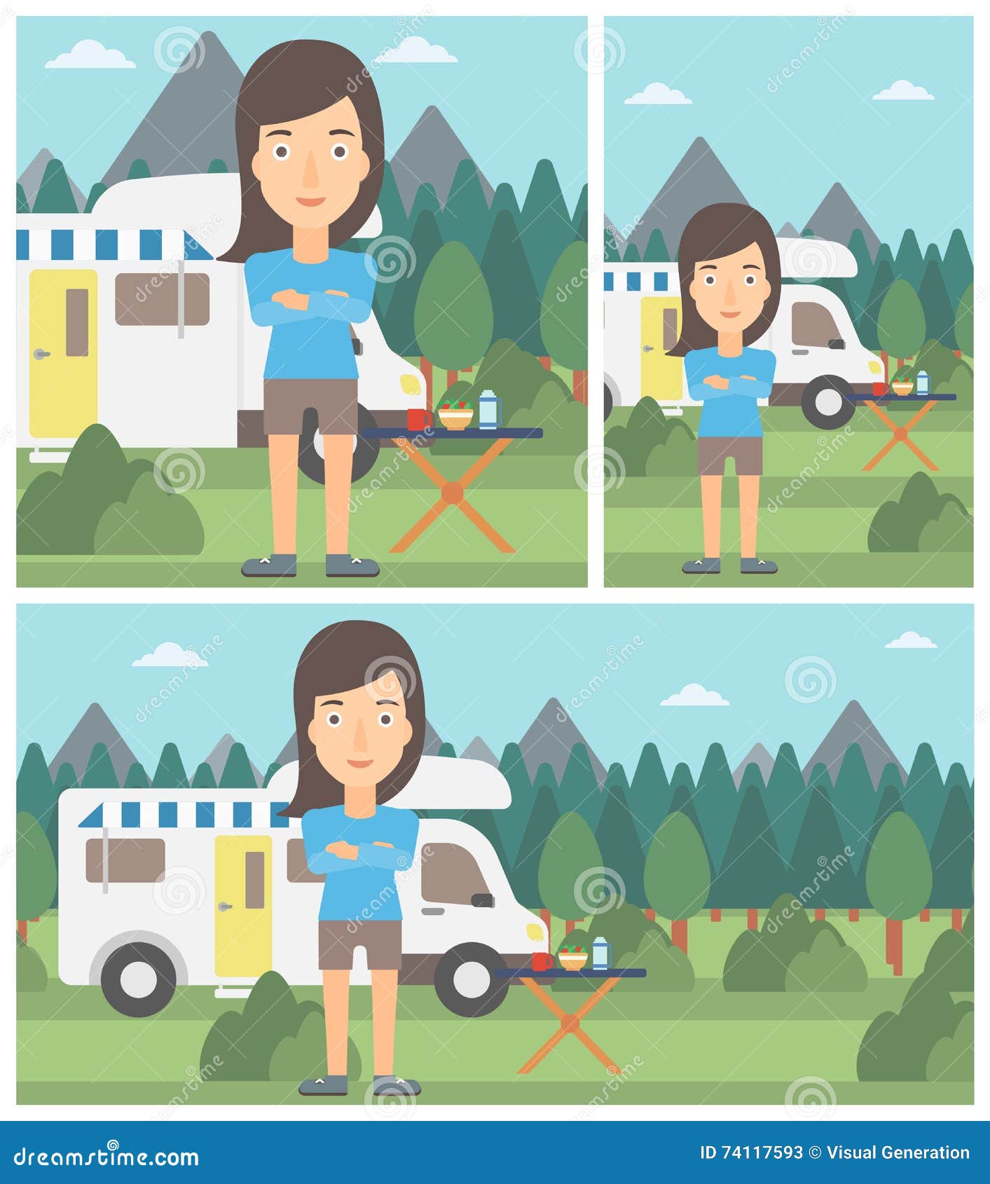 Woman Standing in Front of Motor Home. Stock Vector - Illustration of ...