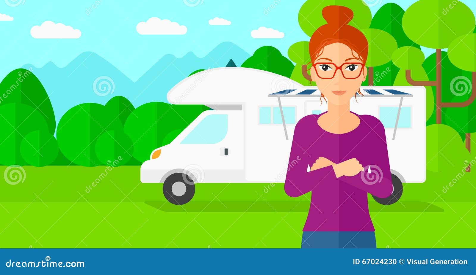 Woman Standing in Front of Motor Home. Stock Vector - Illustration of ...