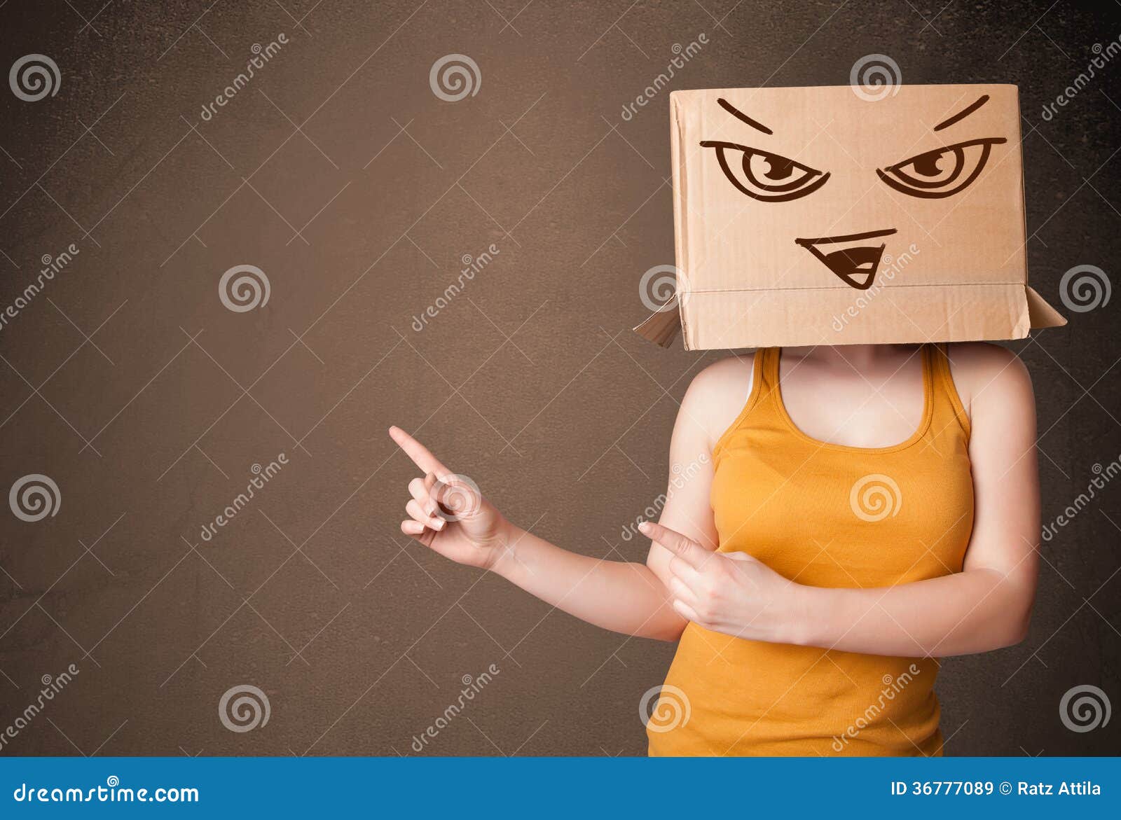 Woman Standing and Gesturing with a Cardboard Box on Her Head with Evil