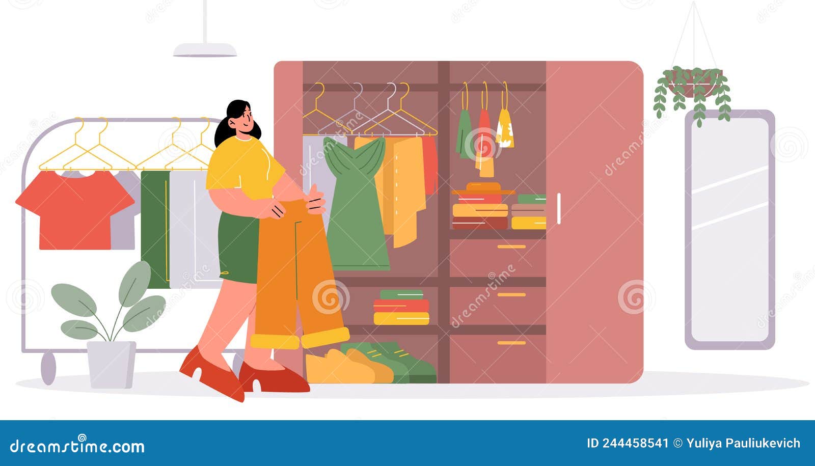 Woman Standing at Open Wardrobe Choose Dresses Stock Vector ...