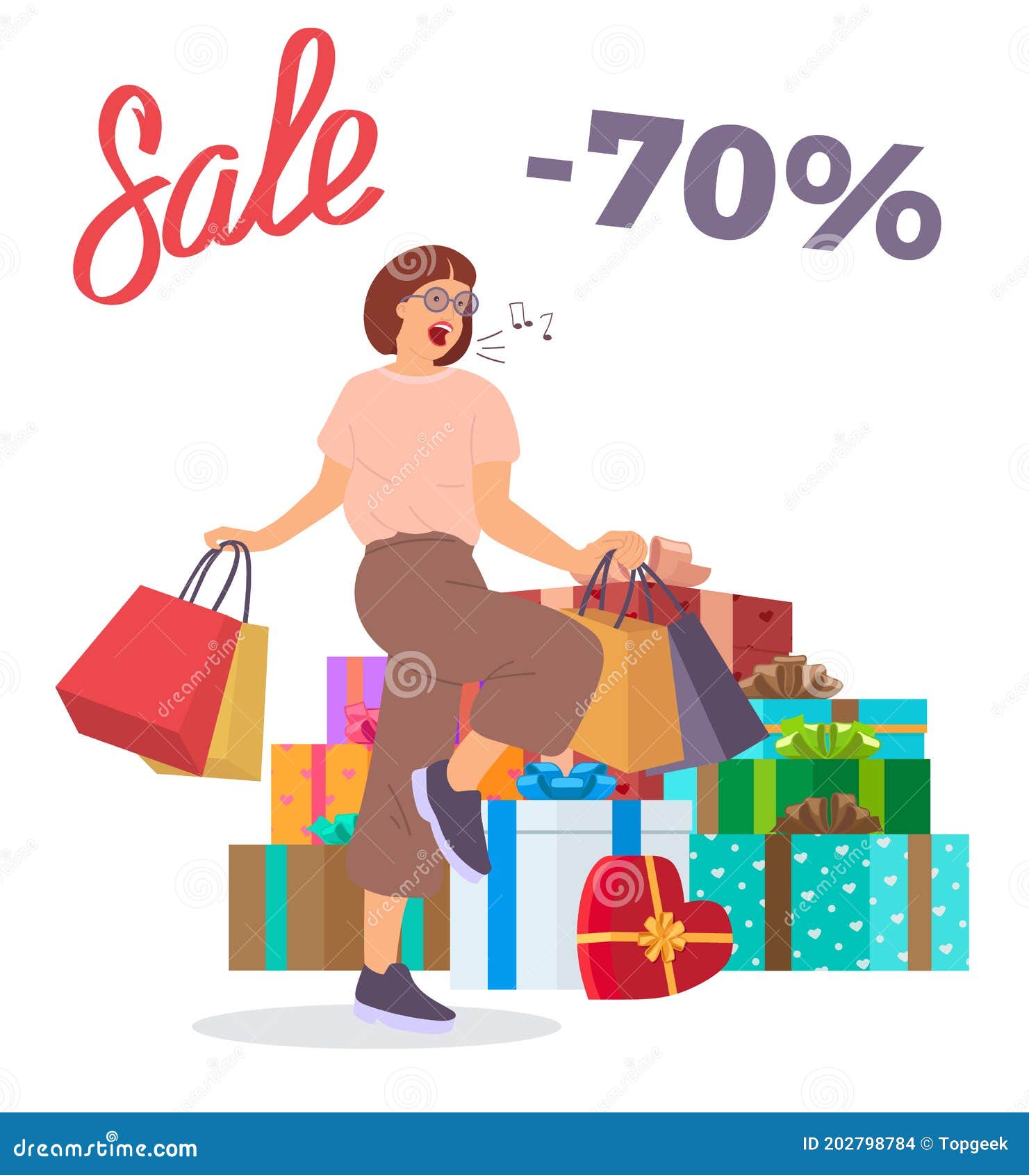 woman is standing with shopping bags and singing. big present boxes. holliday sale concept