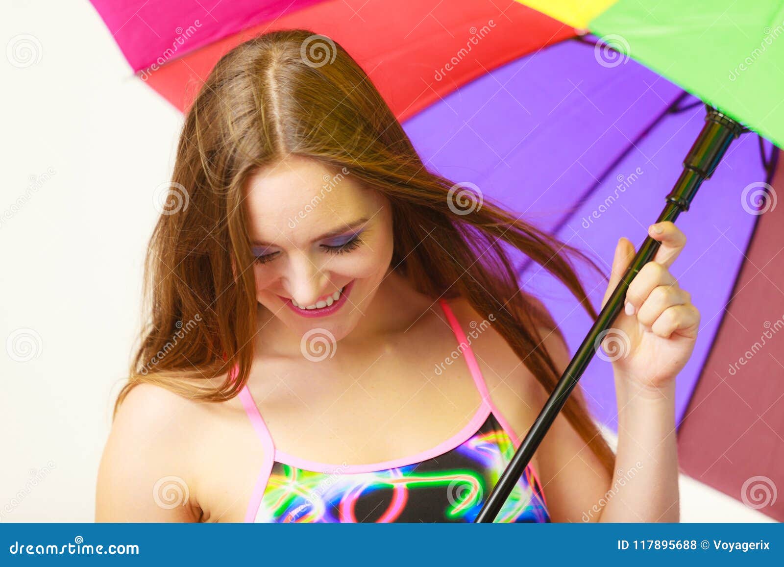 Woman Standing Under Colorful Rainbow Umbrella Stock Photo Image Of Woman Fashion