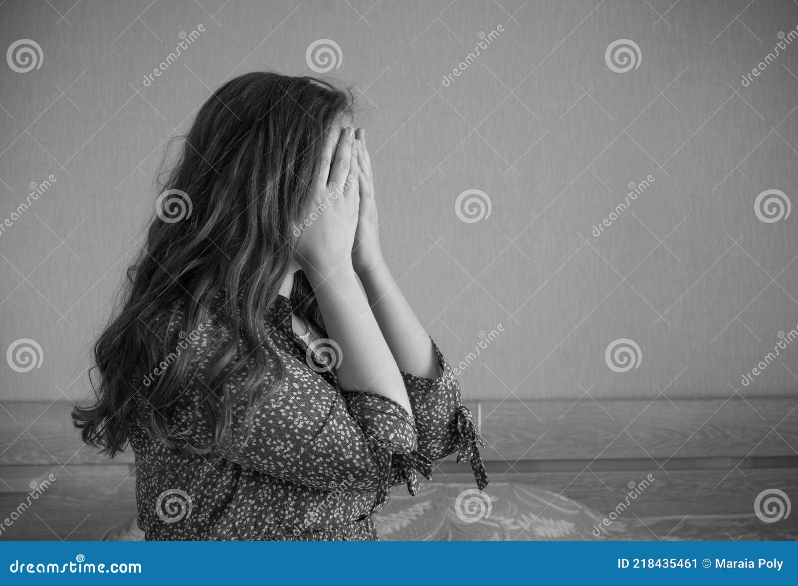 Woman Stress Alone, Sad Sitting on Bed in Depression. Concept ...