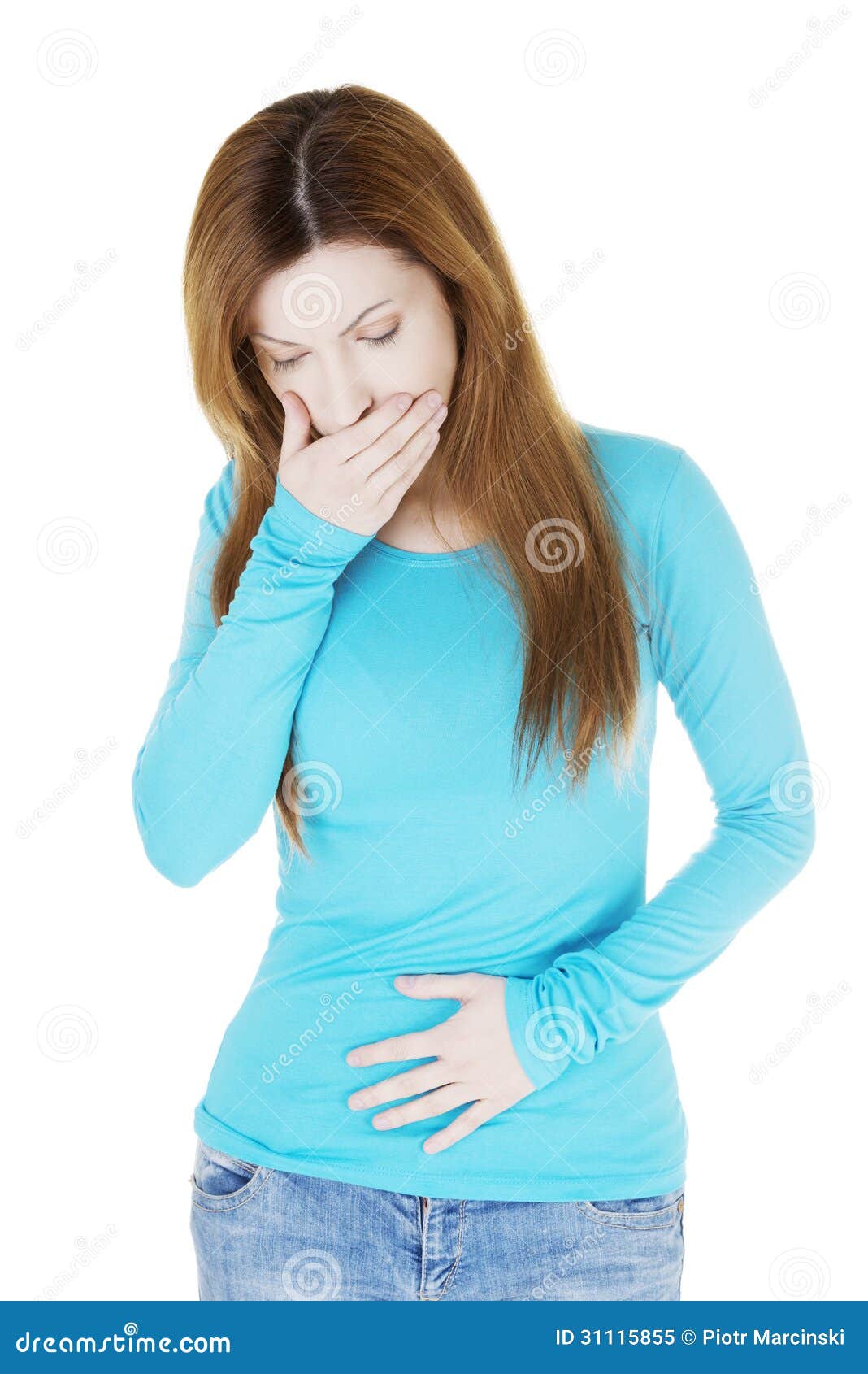 woman with strong pain of stomach and nausea