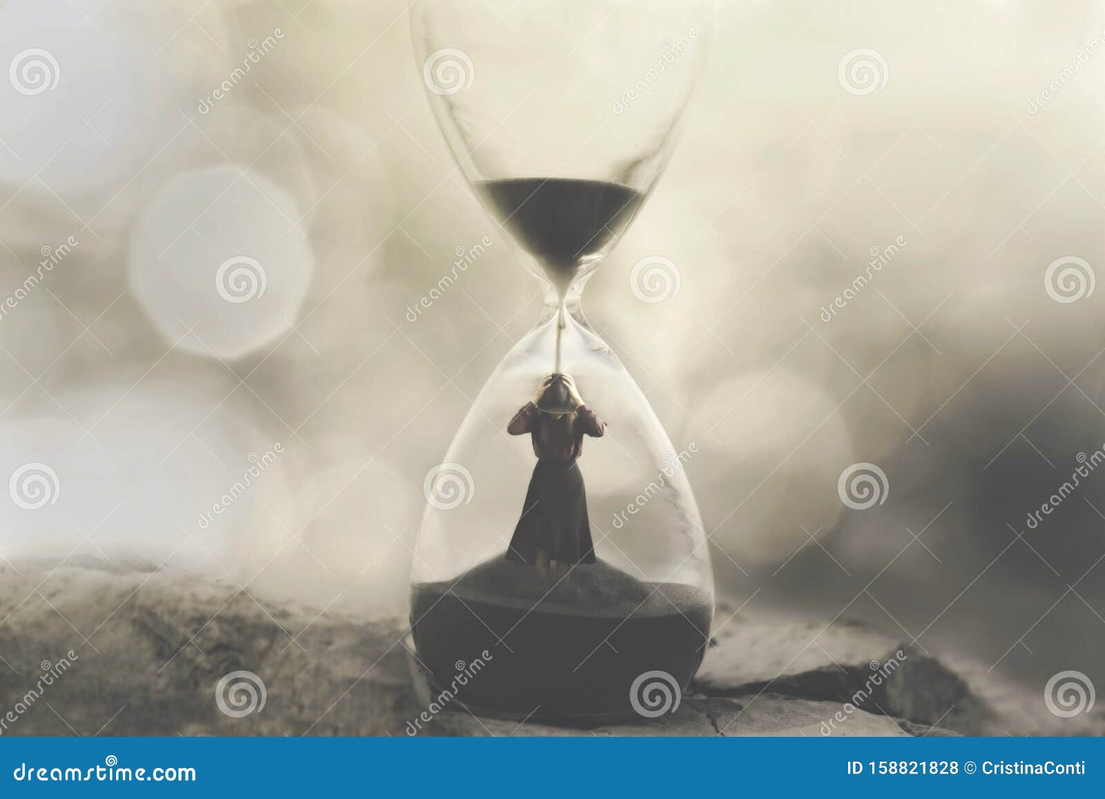 woman stuck in an hourglass, concept of being prisoners of time passing
