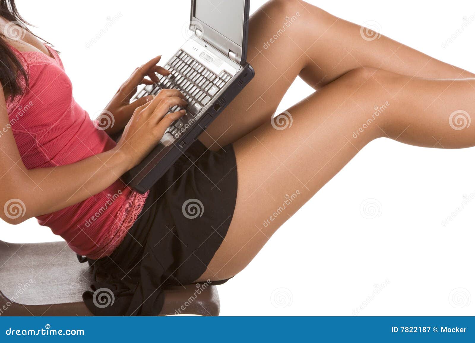Woman Student With Laptop On Legs Typing Keyboard Stock Image Image