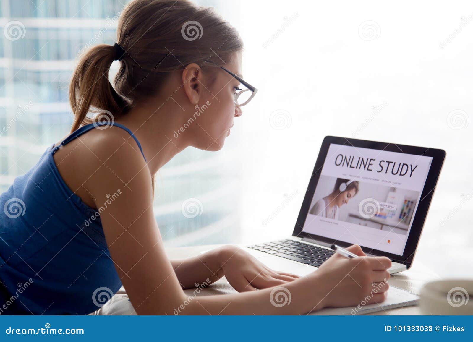 woman studying online educational course on internet using lapto